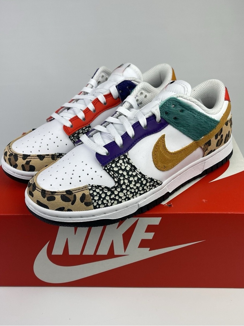 Nike Dunk Low SE White with Gold Swoosh, Teal, Purple & Leopard Accents